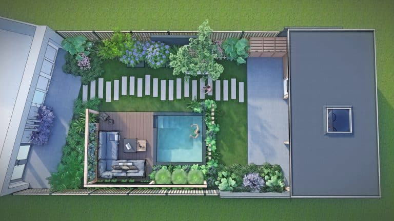 3D ontwerp strakke moderne wellness tuin met plunge pool